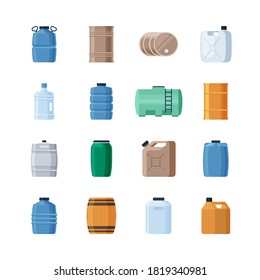 Various containers liquid set. Wooden barrels for storing wine production iron barrels storing gasoline oil green canister blue dense plastic bottles large volumes drinking water. Vector style.