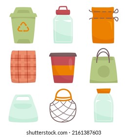 Various containers for various types of items such as personal items, food, garbage. Vector cartoon flat illustration.