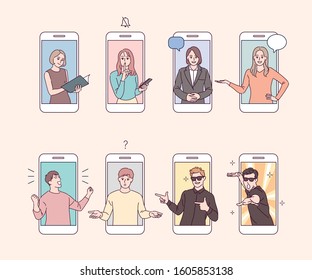 Various content in your mobile phone. People in smartphones are doing various things. hand drawn style vector design illustrations. 