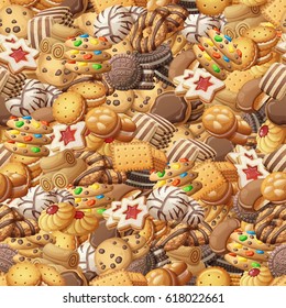 Various cookies seamless pattern. Sweet food cartoon vector illustration