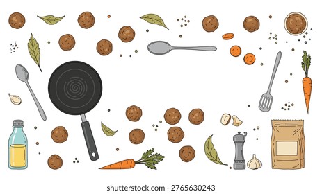 Various cooking ingredients and kitchen tools like meatballs, carrots, and a frying pan are arranged around a central white empty space.