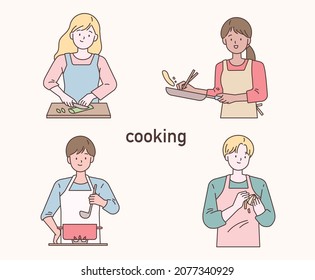 Various cooking methods. People who wear aprons and cook. outline simple vector illustration.