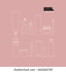 Various cosmetic bottles and packaging collection. Branding illustration. Lineart style. Vector illustration