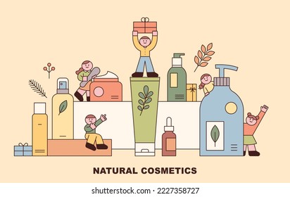 Various cosmetic products are composed of sets. Cute children are happily greeting among the giant products.