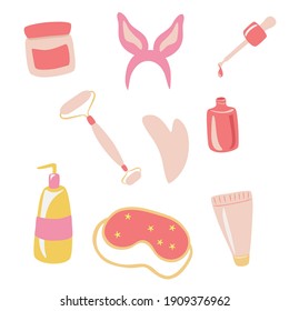 Various cosmetics items. Face care. Cream, gouache for massage, oil cleanser, foam cleanser, toner, essence, sleep mask. Beauty routine. Cartoon style and flat design. All elements are isolated
