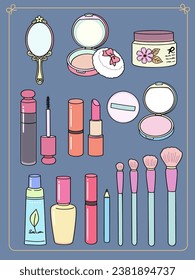 Various cosmetics and tools, bottles and jars