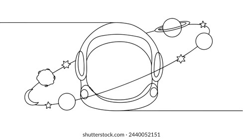 Various cosmic bodies rotate in orbit around the astronaut's helmet. Moon, stars, asteriod and planets.