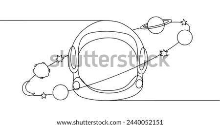 Various cosmic bodies rotate in orbit around the astronaut's helmet. Moon, stars, asteriod and planets.