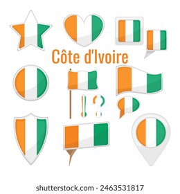 Various Cote d'ivoire flags set on pole, table flag, mark, star badge and different shapes badges. Patriotic cote d'ivoirian sticker