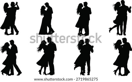 Various couples dancing in romantic poses a captivating black silhouette