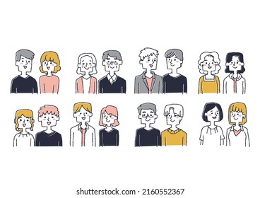 Various couples, friends, partners, family sets Comical handwritten figures Vectors, line drawings in color