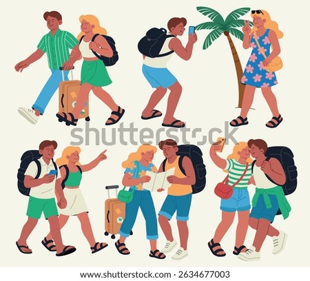 Various couples on summer vacation trips