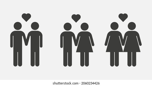 Icono vectorial de varias parejas icolado sobre fondo blanco. Señal de pareja gay, heterosexual y lesbiana.