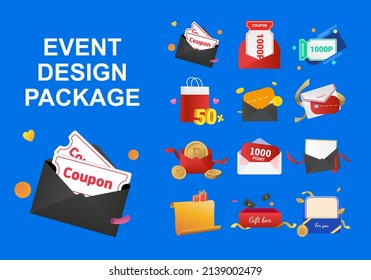 Various coupon for envelope design illustration set. gift, discount, event, letter, ribbon, card. Vector drawing. Hand drawn style.