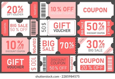 Various coupon promotion illustration set for website, internet ads, social media. Gift voucher, discount coupon, big sale. Vector illustration