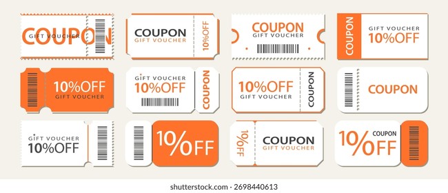 Conjunto de promoción de varios Cupones. 10% de descuento, vale de regalo, venta, libro de Cupón. colección de Plantilla de Vector aislada