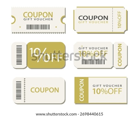 Various coupon promotion set. 10% discount, gift voucher, sale, coupon book. Vector template collection isolated