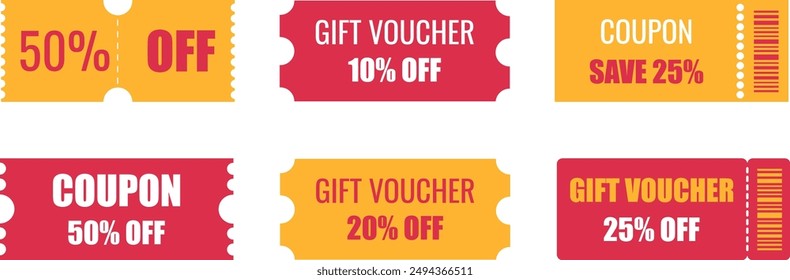 Various coupon promotion vector set, sale off 50. Voucher card template, gift voucher, discount, bar code