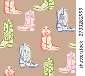 Various cowboy boots. Different ornaments. Wild West fashion theme. Fire, flame, stars, cactus, heart, crescent prints. Hand drawn colorful Vector illustration. Square seamless Pattern