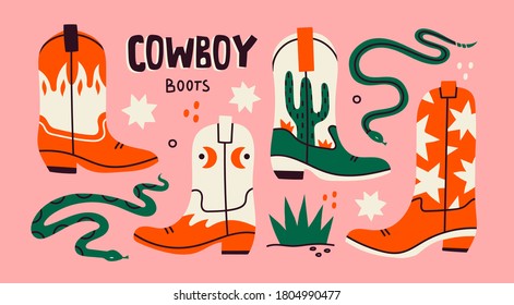 Varias botas de vaquero. Diferentes adornos. Iconos de Wild West Clipart. Viper, estrellas, cactus, hierba. Conjunto de vectores de color dibujado a mano. Todos los elementos están aislados