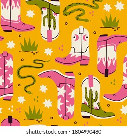 Various cowboy boots. Different ornaments. Wild West fashion style. Rattlesnake viper, stars, cactus, grass. Hand drawn colored Vector seamless Pattern. Yellow Background, wallpaper