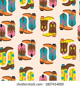 Various cowboy boots. Different ornaments. Cactus, Fire, Stars. Fashion concept. Wild West theme. Hand drawn colored trendy Vector seamless square Pattern. Background, wallpaper