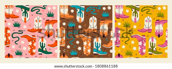 Various cowboy boots. Different ornaments.\
Wild West fashion style. Rattlesnake viper, stars, cactus, grass.\
Set of three isolated Hand drawn colored Vector seamless Patterns.\
Backgrounds,\
wallpapers