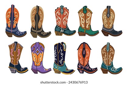 Various cowboy boots displayed on white background