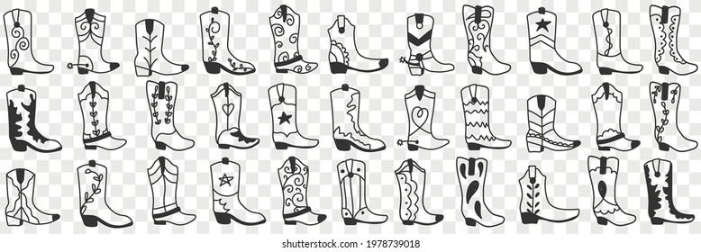 Various cowboy boots doodle set. Collection of hand drawn various high boots in cowboy style for wearing in rows isolated on transparent background 