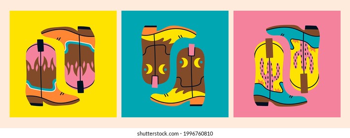 Various cowboy boots. Shoe pairs. Different ornaments. Cactus, Fire, crescent. Fashion concept. Wild West theme. Hand drawn colored trendy Vector set of three cards. Every card is isolated