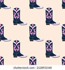 Various cowboy, cowgirl blue boots. Different pink ornaments. Wild West fashion style. Cowboy western theme; wild west concept.  Hand drawn trendy colored Vector seamless Pattern. 