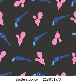 Various cowboy, cowgirl blue gun with pink cactus.Cartoon pistol, revolver on black.Wild West fashion style.Cowboy western theme, wild west concept. Hand drawn trendy colored Vector seamless Pattern.