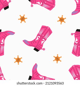 Various cowboy, cowgirl boots. Different ornaments. Wild West fashion style. Cowboy western theme; wild west concept. Sheriff badge star. Hand drawn trendy colored Vector seamless Pattern. 