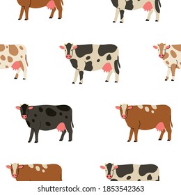 Various Cows. Side view. Cute animals. Hand drawn trendy Vector illustration. Funny characters. Cartoon style. Flat design. Colorful square Seamless Pattern. Background, Wallpaper