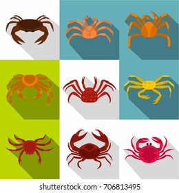 Various crab icon set. Flat style set of 9 various crab vector icons for web design