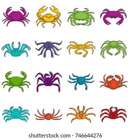 Various crab icons set. Doodle illustration of vector icons isolated on white background for any web design
