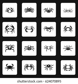 Various crab icons set in white squares on black background. Simple illustration of various crab icons vector set for any design