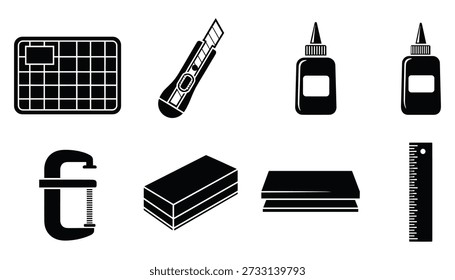 Diversas herramientas de fabricación y bricolaje. Incluye cortador, botellas de pegamento, abrazaderas, Regla, rejilla, bloques. Ilustración vectorial.