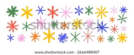 Various crayon drawn asterisks and star shapes. Colorful brush drawn asterisks, vector funky geometric figures. Grunge bold and thin forms. Naive playful typography design elements. Rough symbols.