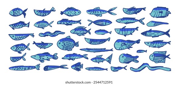 Various crayon drawn cute blue fish with decorative patterns. Hand drawn vector marine creatures. Doodle collection of kids’ fish icons, featuring salmon, tuna, eel, and other simple sea elements.