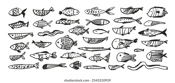 Various crayon drawn cute fish with decorative patterns. Hand drawn vector marine creatures. Doodle collection of kids’ fish icons, featuring salmon, tuna, eel, and other simple sea elements.