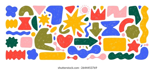 Various crayon drawn geometric figures with rounded edges. Funky organic geometric shapes, childish doodle figures. Simple primitive elements and forms with pencil or chalk texture. Kid stickers.