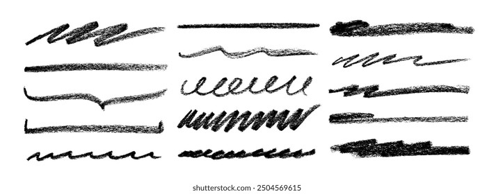 Various crayon drawn lines, underlines and curved strokes. Doodle grungy smears and rough crayon strokes for hand drawn notes and journaling. Straight thin lines, spirals, pencil waves.