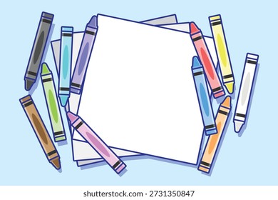 Various crayons surrounding several blank sheets of white paper on a blue background.