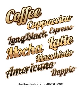 Various creative Coffee Lettering design collection, Hot and Fresh Coffee Labels, Stickers and Tags set, Vector illustration for Cafe, Bar and Restaurant Menu, Food and Drink concept.