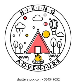 Various creative elements for Hiking Adventure concept on grey background.