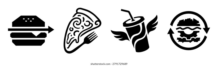 Various creative food delivery icons showing hamburger with arrow pizza slice soda with wings and mechanical burger.