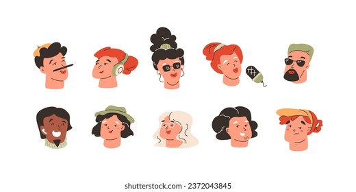 Various creative people portraits set. Artist with pencil, singer, cool man, funny woman, Contemporary profile icon, stylish businessman, unique avatar. Happy character collection. Vector illustration