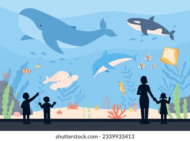 Various creatures live in the aquarium, and people are watching. flat vector illustration.