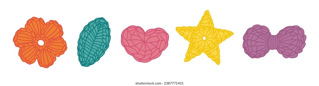 Various crochet shapes set. Crocheting hobby objects. Flat style vector illustration